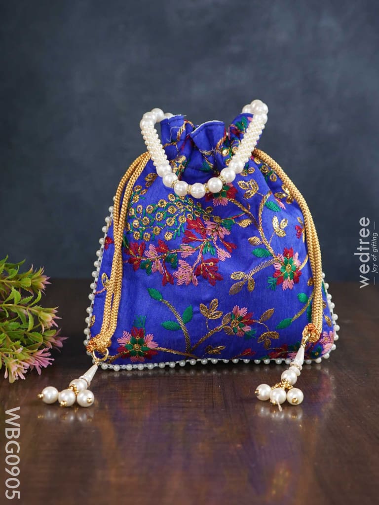 Embroidered Potli Bag With Pearl Beaded Handle And Drawstring - Wbg0905 Bags