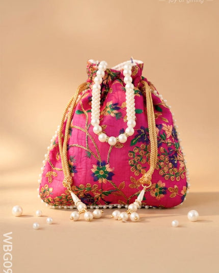 Embroidered Potli Bag with Pearl Beaded Handle and Drawstring - WBG0905 - Potli Bags