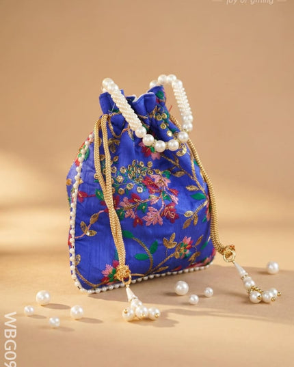 Embroidered Potli Bag with Pearl Beaded Handle and Drawstring - WBG0905 - Potli Bags