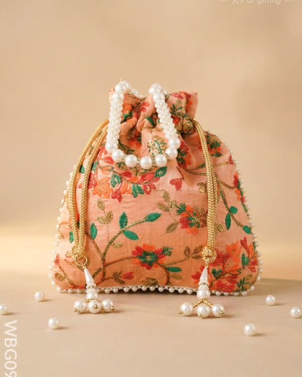 Embroidered Potli Bag with Pearl Beaded Handle and Drawstring - WBG0905 - Potli Bags