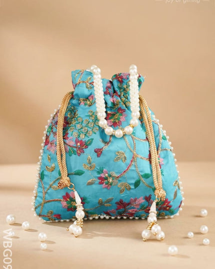 Embroidered Potli Bag with Pearl Beaded Handle and Drawstring - WBG0905 - Potli Bags