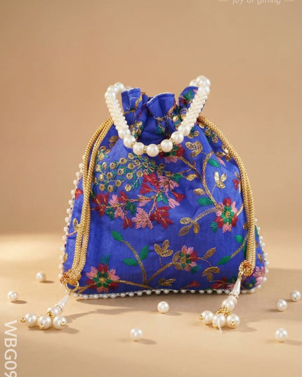 Embroidered Potli Bag with Pearl Beaded Handle and Drawstring - WBG0905 - Potli Bags