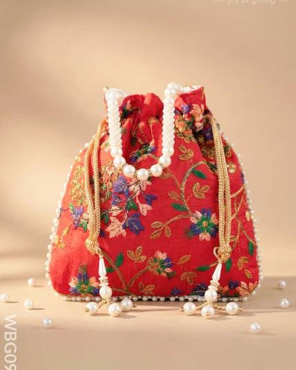 Embroidered Potli Bag with Pearl Beaded Handle and Drawstring - WBG0905 - Potli Bags