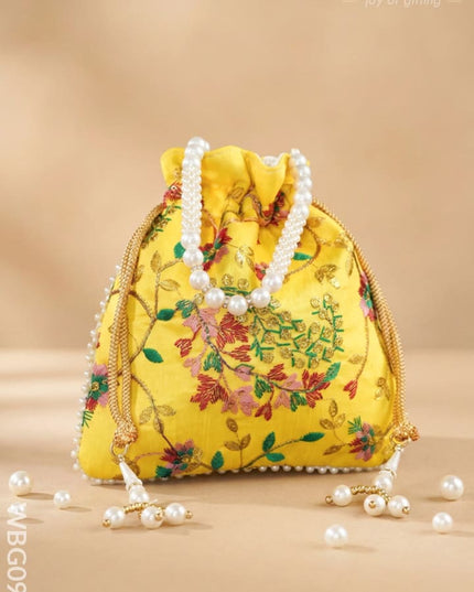 Embroidered Potli Bag with Pearl Beaded Handle and Drawstring - WBG0905 - Potli Bags
