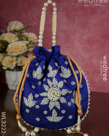 Embroidered Potli Bags With Beaded Handle - Wl3222 Dark Blue