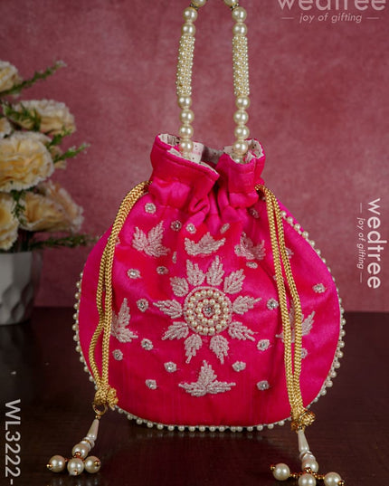 Embroidered Potli Bags With Beaded Handle - Wl3222 Dark Pink