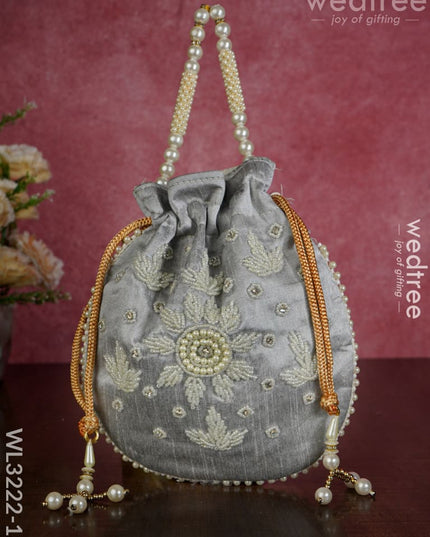 Embroidered Potli Bags With Beaded Handle - Wl3222 Gray