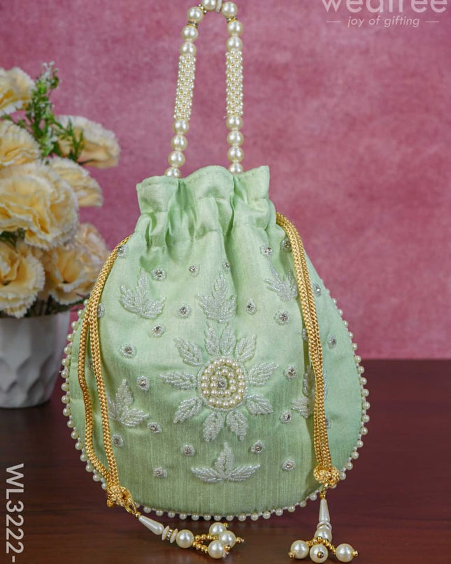 Embroidered Potli Bags With Beaded Handle - Wl3222 Light Green