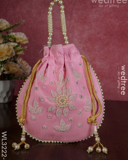 Embroidered Potli Bags With Beaded Handle - Wl3222 Light Pink