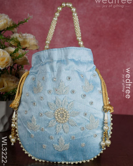 Embroidered Potli Bags With Beaded Handle - Wl3222 Sky Blue