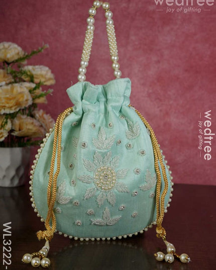 Embroidered Potli Bags With Beaded Handle - Wl3222 Teal