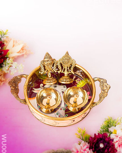 Ugadi Combo - Brass tray with Diya & Shank & Chakra - WGC0069 Return Gift Combos