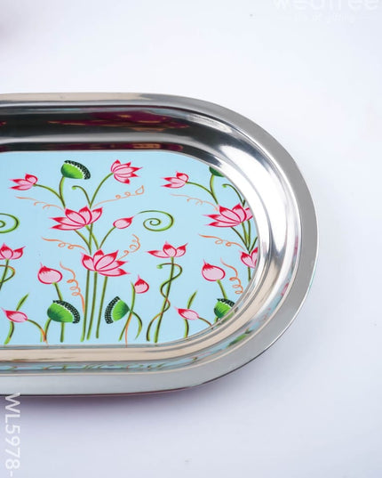 Floral Design - Oval Plate - Blue - 12 inch - WL5978-2 - Meenakari Trays & Plates