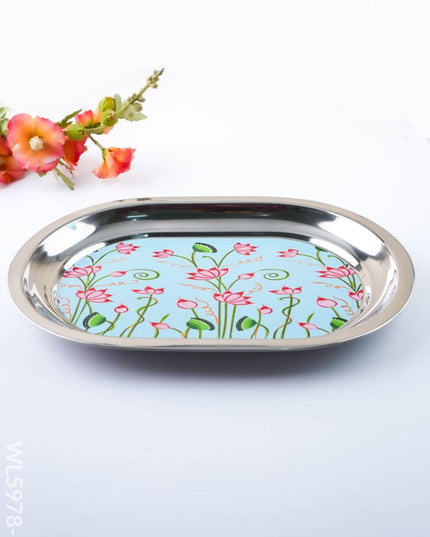 Floral Design - Oval Plate - Blue - 12 inch - WL5978-2 - Meenakari Trays & Plates