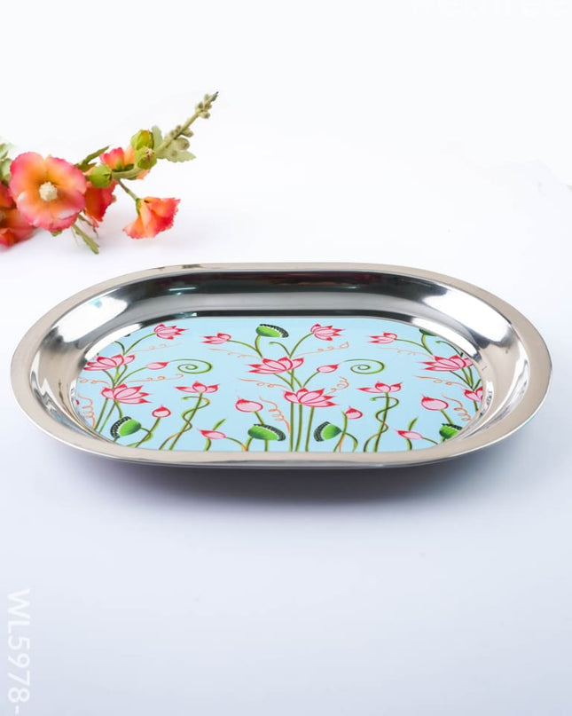 Floral Design - Oval Plate - Blue - 12 inch - WL5978-2 - Meenakari Trays & Plates