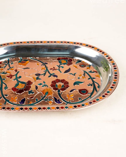Floral Design - Oval Plate - Copper - 12 inch - WL5969-2 - Meenakari Trays & Plates