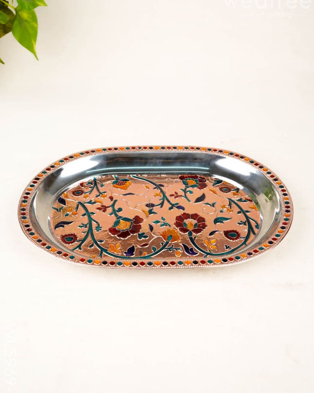 Floral Design - Oval Plate - Copper - 12 inch - WL5969-2 - Meenakari Trays & Plates