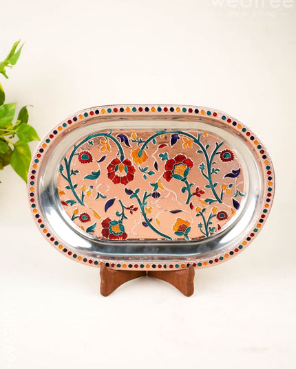 Floral Design - Oval Plate - Copper - 12 inch - WL5969-2 - Meenakari Trays & Plates