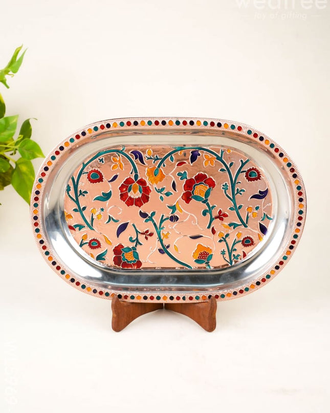 Floral Design - Oval Plate - Copper - 12 inch - WL5969-2 - Meenakari Trays & Plates