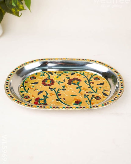 Floral Design - Oval Plate - Gold - 12 inch - WL5969-1 - Meenakari Trays & Plates