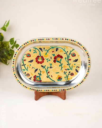 Floral Design - Oval Plate - Gold - 12 inch - WL5969-1 - Meenakari Trays & Plates