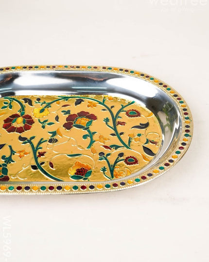 Floral Design - Oval Plate - Gold - 12 inch - WL5969-1 - Meenakari Trays & Plates