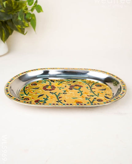 Floral Design - Oval Plate - Gold - 12 inch - WL5969-1 - Meenakari Trays & Plates