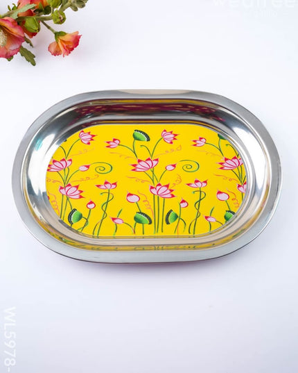 Floral Design - Oval Plate - Yellow - 12 inch - WL5978-1 - Meenakari Trays & Plates