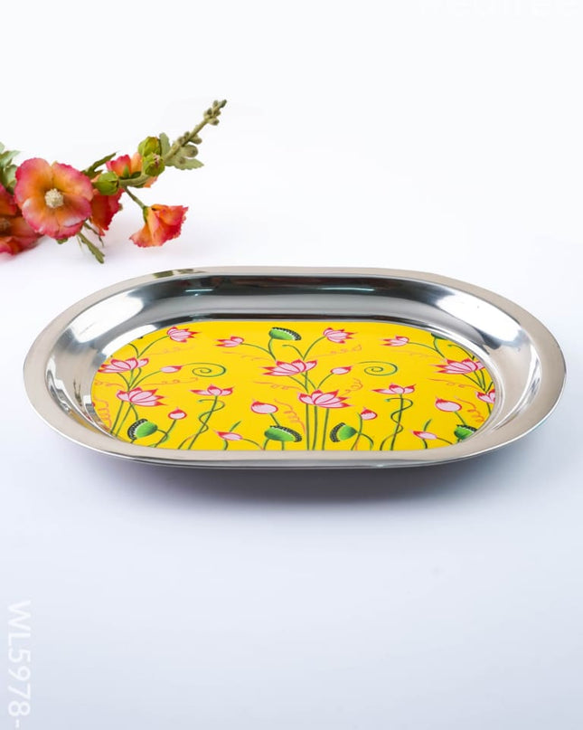 Floral Design - Oval Plate - Yellow - 12 inch - WL5978-1 - Meenakari Trays & Plates