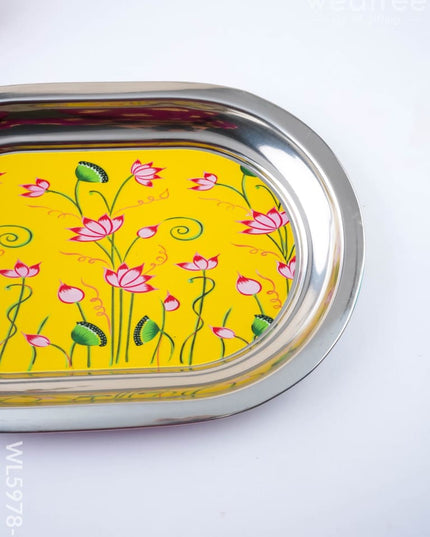 Floral Design - Oval Plate - Yellow - 12 inch - WL5978-1 - Meenakari Trays & Plates