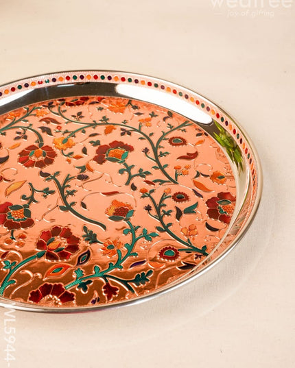 Floral Design Plate - Copper - 12 inch - WL5944-2 - Meenakari Trays & Plates