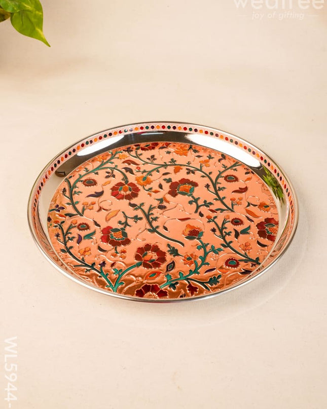 Floral Design Plate - Copper - 12 inch - WL5944-2 - Meenakari Trays & Plates
