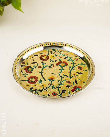 Floral Design Plate - Gold - 10 inch - WL5943-1 - Meenakari Trays & Plates