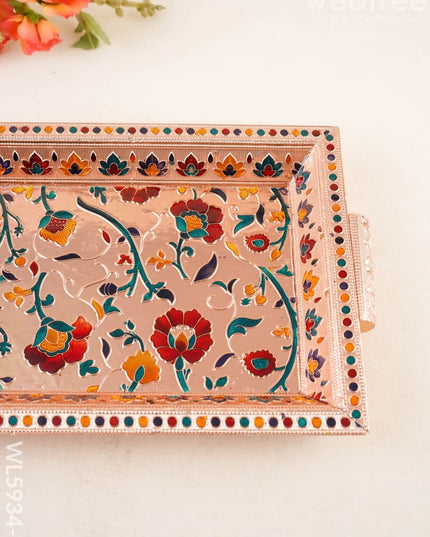 Floral Design Tray - Copper - 12x8 inch - WL5934-2 - Meenakari Trays & Plates