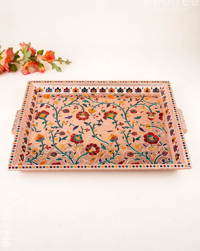 Floral Design Tray - Copper - 16x12 inch - WL5946-2 - Meenakari Trays & Plates