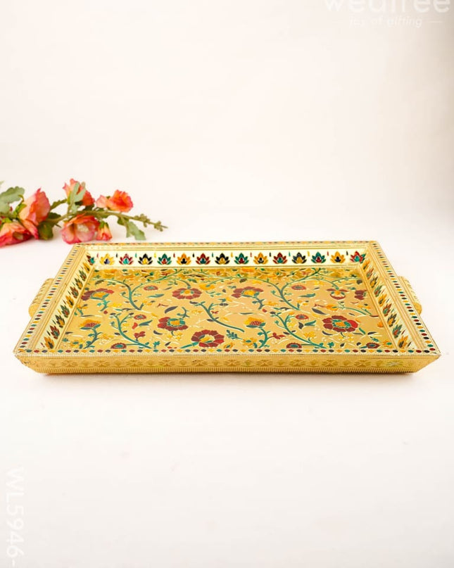 Floral Design Tray - Gold - 16x12 inch - WL5946-1 - Meenakari Trays & Plates
