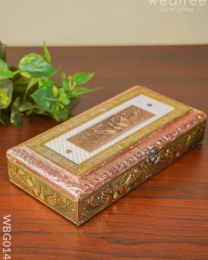 Oxidised Golden And Red Embossed Dry Fruit Box With Peacock Floral Design - 12X6Inches Wbg0140