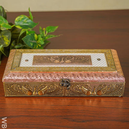 Oxidised Golden And Red Embossed Dry Fruit Box With Peacock Floral Design - 12X6Inches Wbg0140