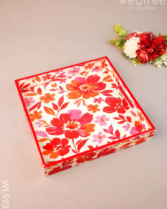 Floral Print Square Tray - 10X10 inch - WL5939 - Wooden Trays