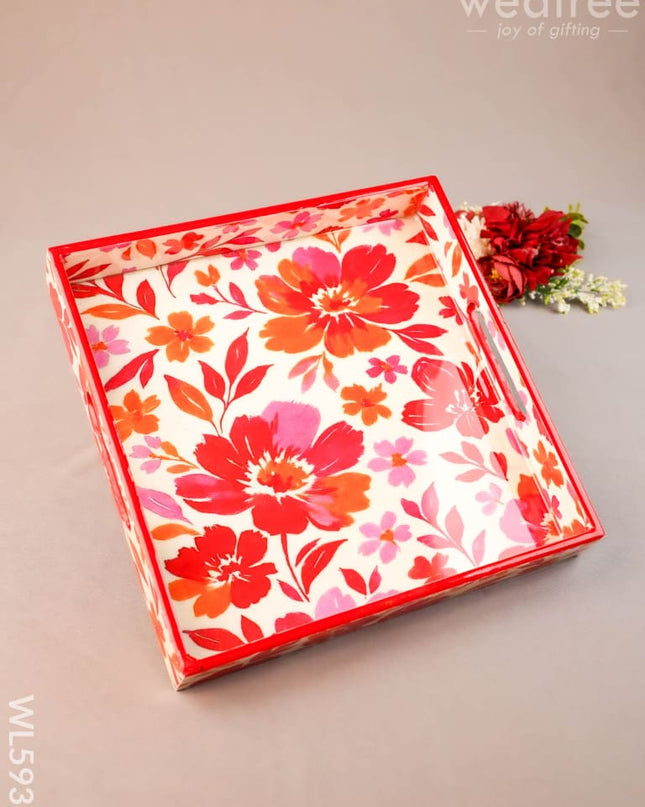 Floral Print Square Tray - 10X10 inch - WL5939 - Wooden Trays