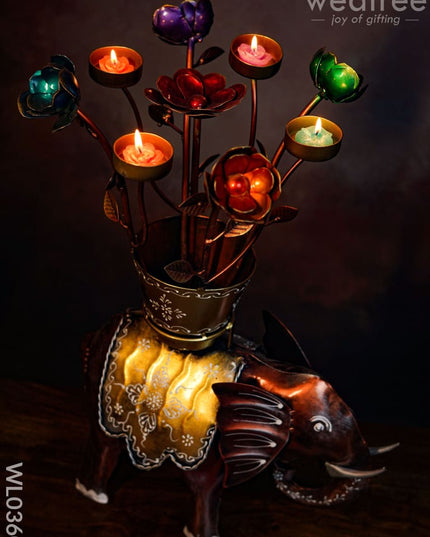 Flower Pot T-Light Holder On Elephant - Wl0360 Candles And Votives