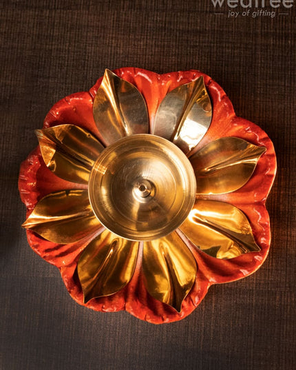 Flower Shaped Brass Diya With Floral Base - Wl1555