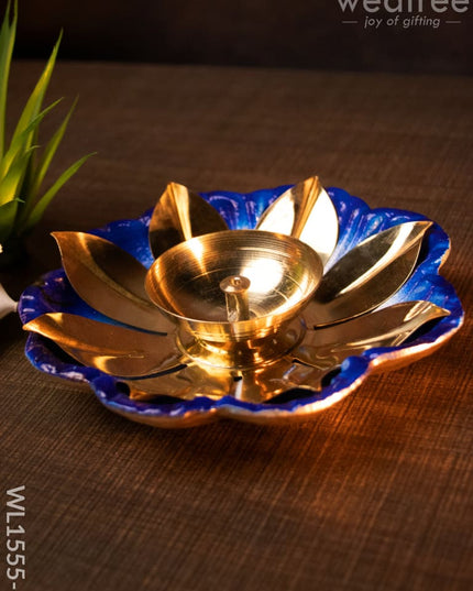 Flower Shaped Brass Diya With Floral Base - Wl1555 Blue
