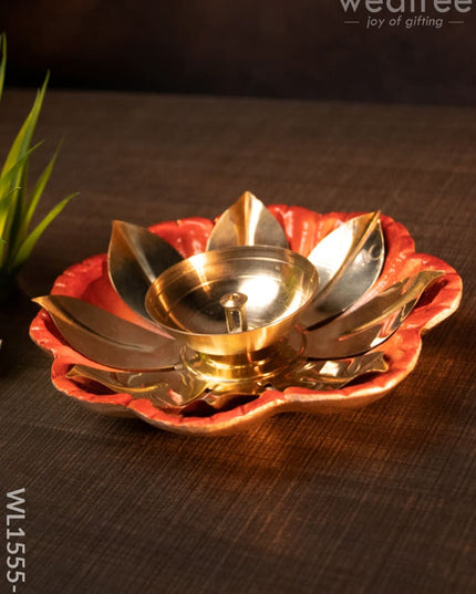 Flower Shaped Brass Diya With Floral Base - Wl1555 Orange