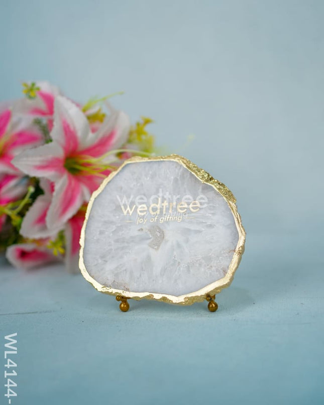 Gem Stone Gold Edge Coasters With Stand - White Agate-Wl4144-1 Crystal Gifts
