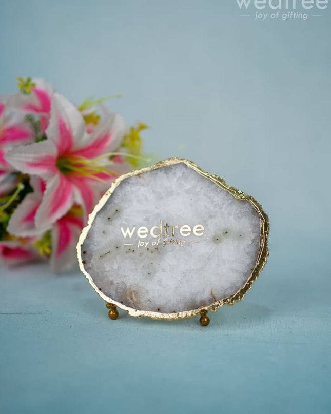 Gem Stone Gold Edge Coasters With Stand - White Agate-Wl4144-1 Crystal Gifts