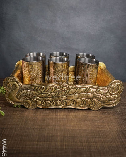 German Oxidised Tray With 6 Glass - W4451 Meenakari Trays & Tray Sets