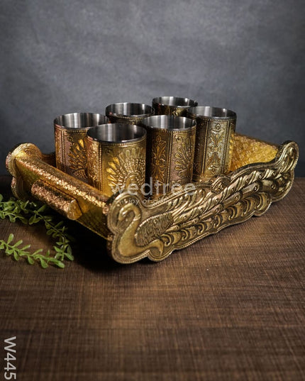 German Oxidised Tray With 6 Glass - W4451 Meenakari Trays & Tray Sets