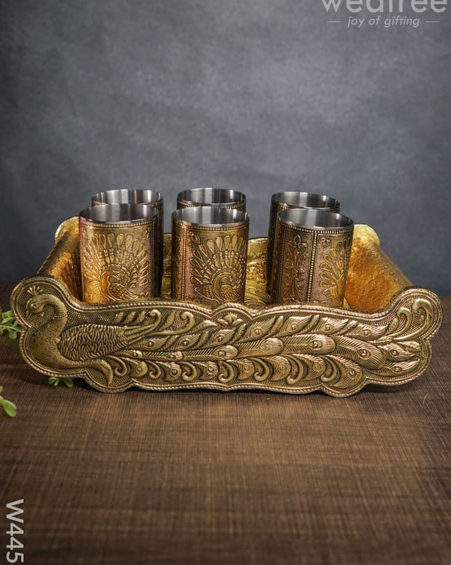German Oxidised Tray With 6 Glass - W4451 Meenakari Trays & Tray Sets