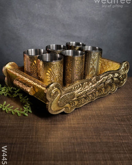 German Oxidised Tray With 6 Glass - W4451 Meenakari Trays & Tray Sets